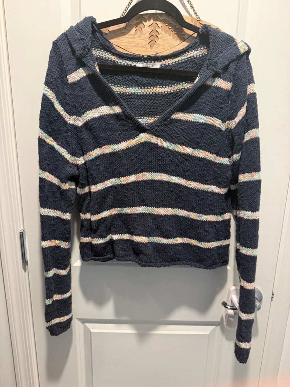 O’Neill Striped V-Neck Hooded Sweater Top - Navy